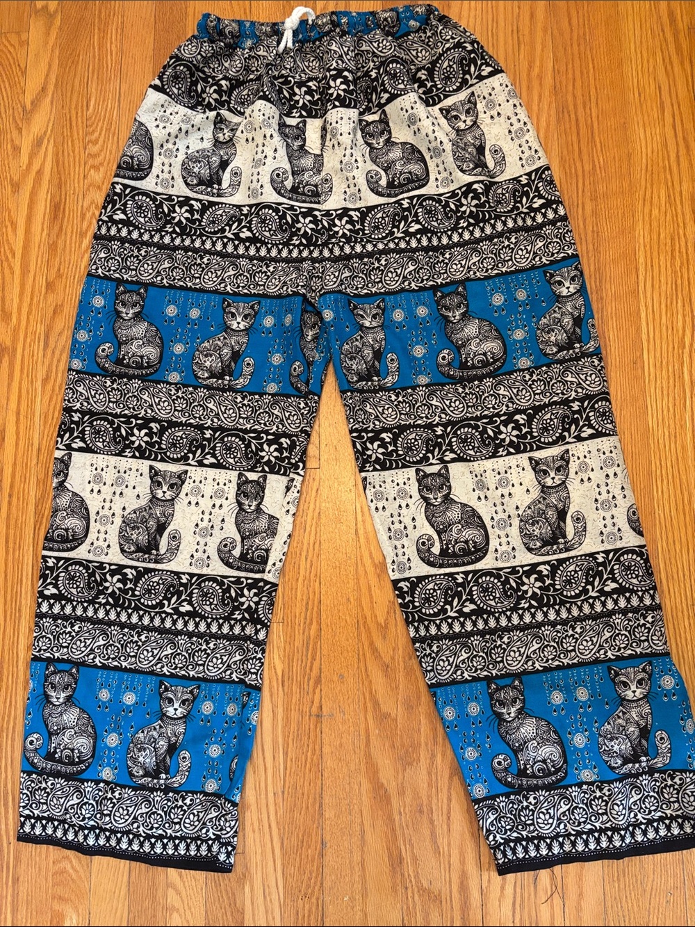 Boho Thai Rayon Cat Print Pants – Blue/Black –Size S – Elastic Waist – Festival